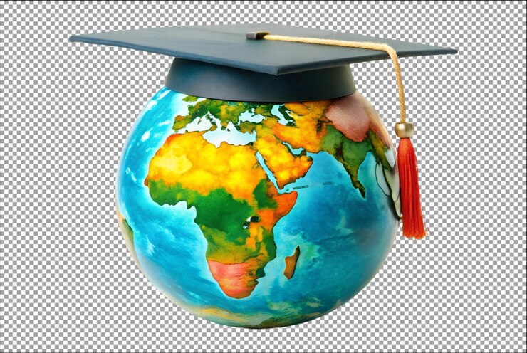 PSD el globo mundial con una gorra de graduación representa el logro académico