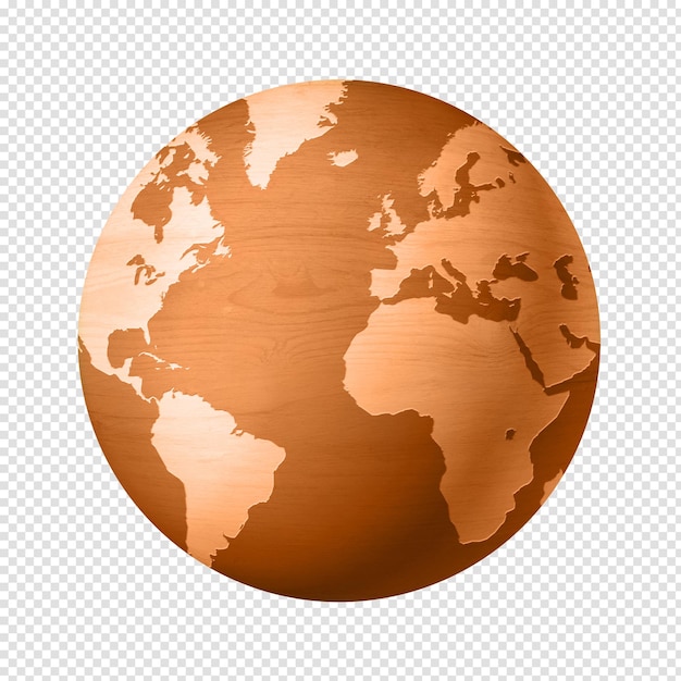 Globo mundial de madera aislado sobre un fondo transparente