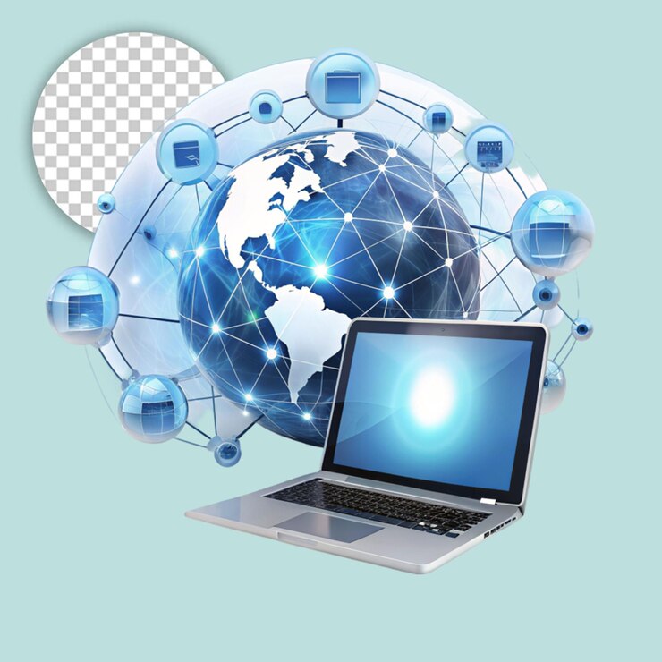 PSD un globo rodeado de computadoras portátiles y computadoras en un fondo transparente