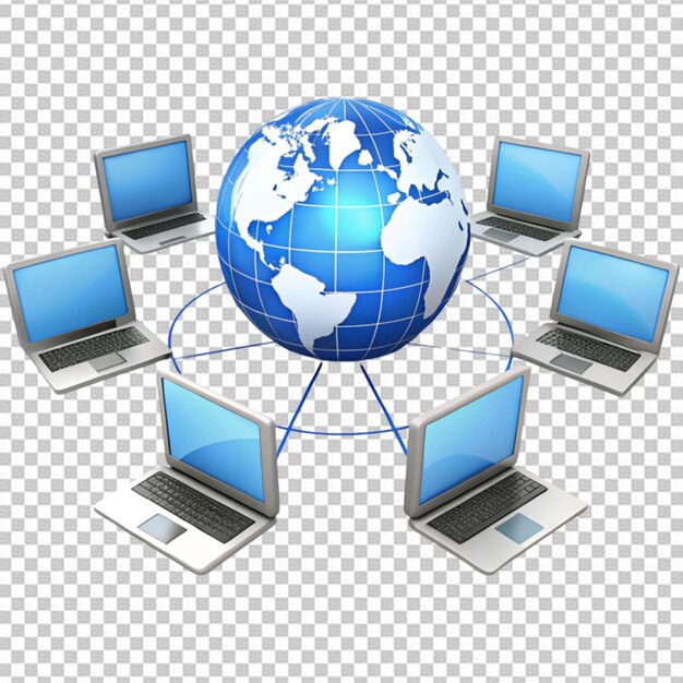 Un globo rodeado de computadoras portátiles y computadoras en un fondo transparente