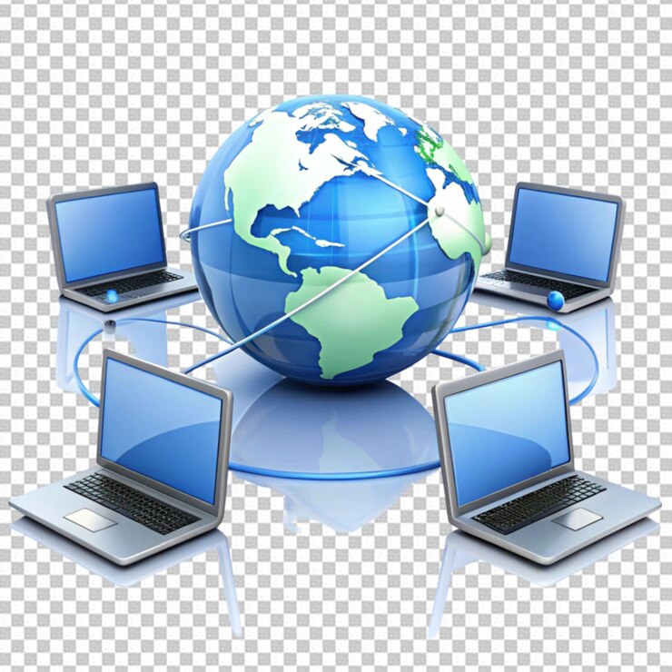 PSD un globo rodeado de computadoras portátiles y computadoras en un fondo transparente