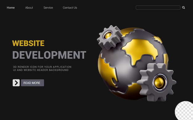 globo con signo de engranaje sobre fondo oscuro 3d render concepto para desarrollo de sitios web