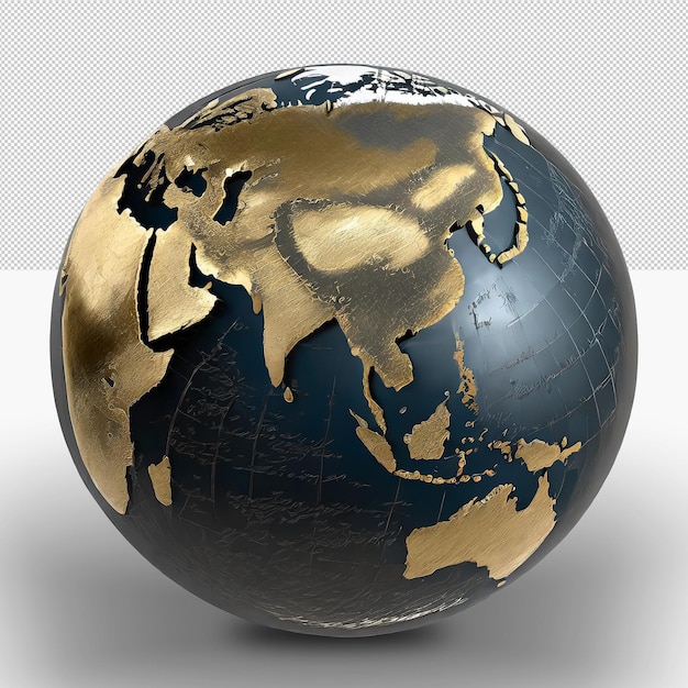 PSD globo terrestre com continentes dourados vista em fundo isolado visão da ásia e da europa