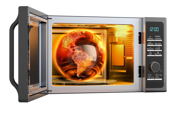 PSD el globo terrestre se derrite en el horno de microondas el concepto de calentamiento global rendering 3d aislado en un fondo transparente