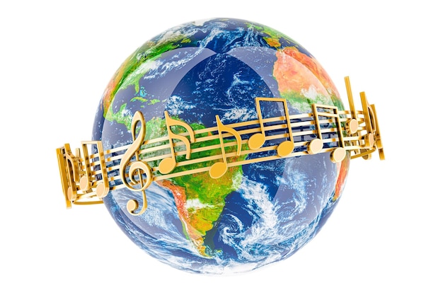 Globo terrestre con notas musicales doradas alrededor de una representación 3D aislada en un fondo transparente