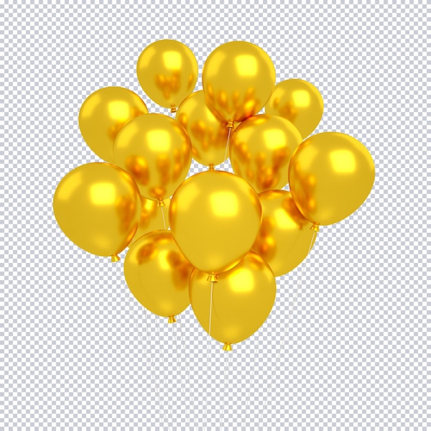 PSD globos dorados 3d aislados que flotan para el fondo de maqueta de feliz cumpleaños