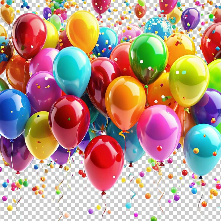 PSD globos impresionantes y instantáneas de confeti sobre un fondo transparente