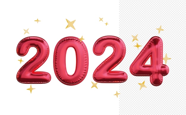 Globos rojos en forma de los números 2024 con estrellas amarillas doradas volando feliz año nuevo