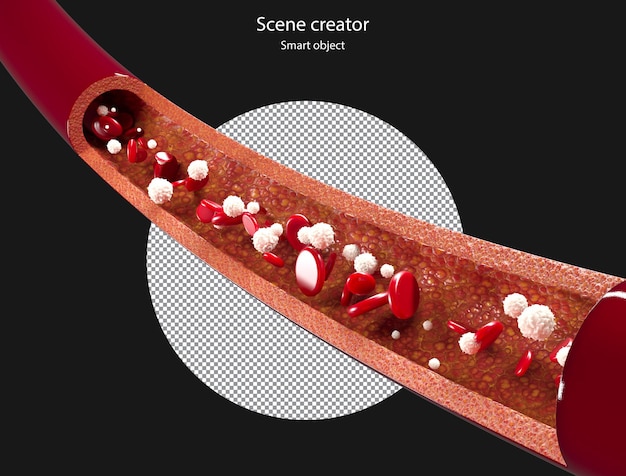 PSD glóbulos rojos 3d y glóbulos blancos que fluyen a través de la ruta de recorte de la vena