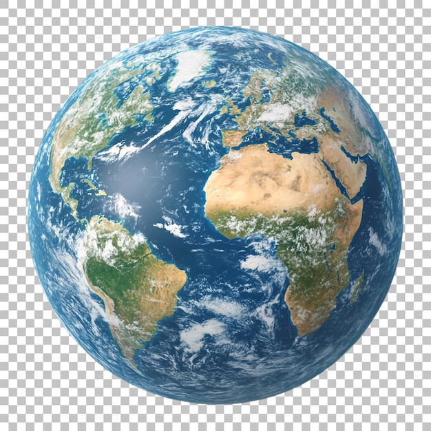 Globus des Planeten Erde mit detaillierten Land- und Ozeanmerkmalen, die auf einem durchsichtigen Hintergrund isoliert sind