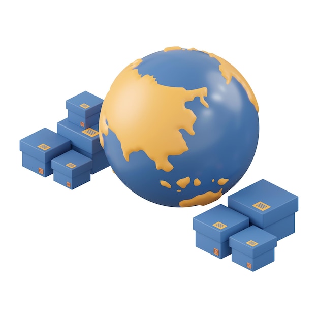 Globus mit Paketbox 3D-Bildung des isometrischen Ikonen-Import- und Exportkonzepts