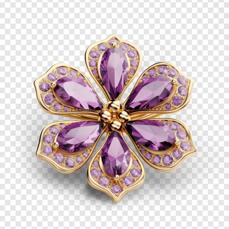 Gloden clover with glass crystals in the style of purple and gloden pure On transparency background