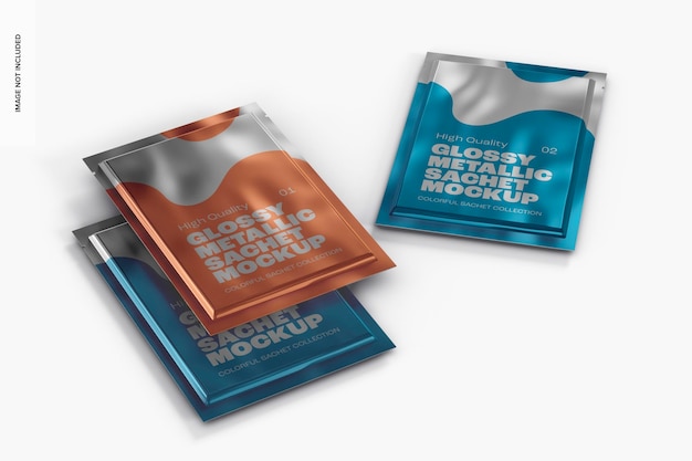 Glossy Metallic Sachets Mockup, linke und rechte Ansicht
