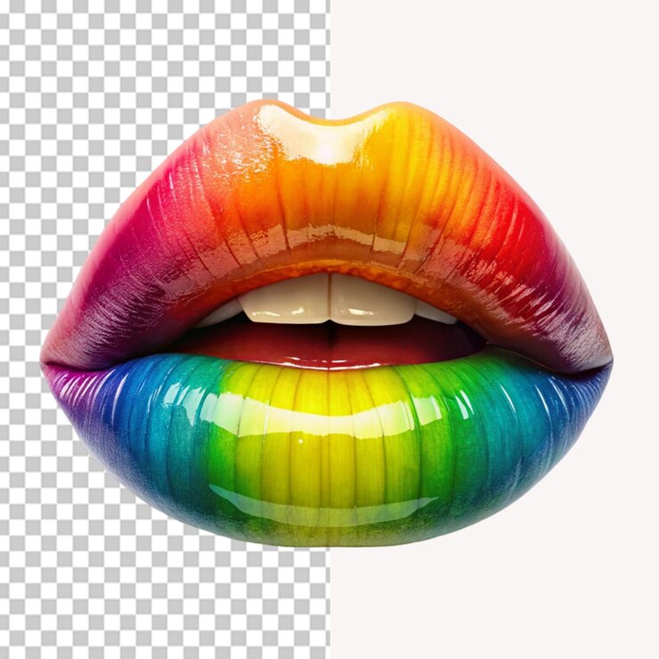 Glossy rainbow lips on transparent background