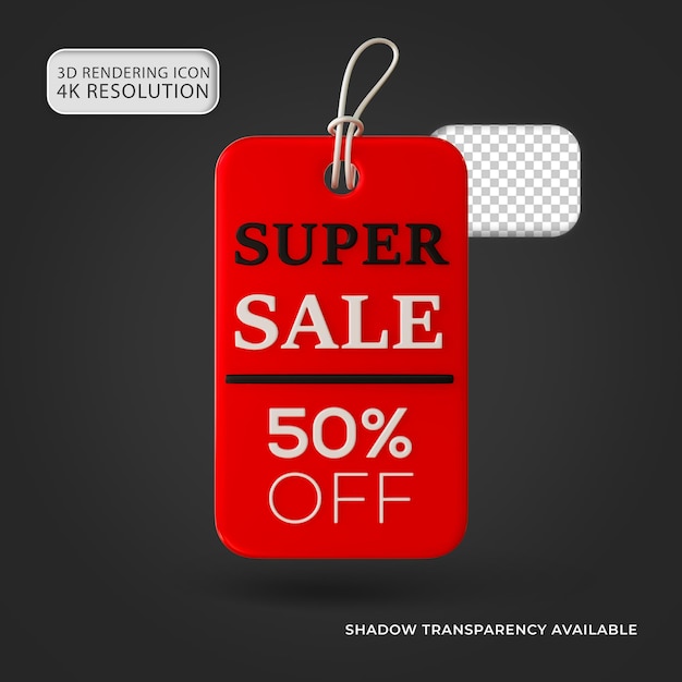 Glossy Red and Black Super Sale Tag 50% di sconto Icona 3D isolata Illustrazione per la composizione