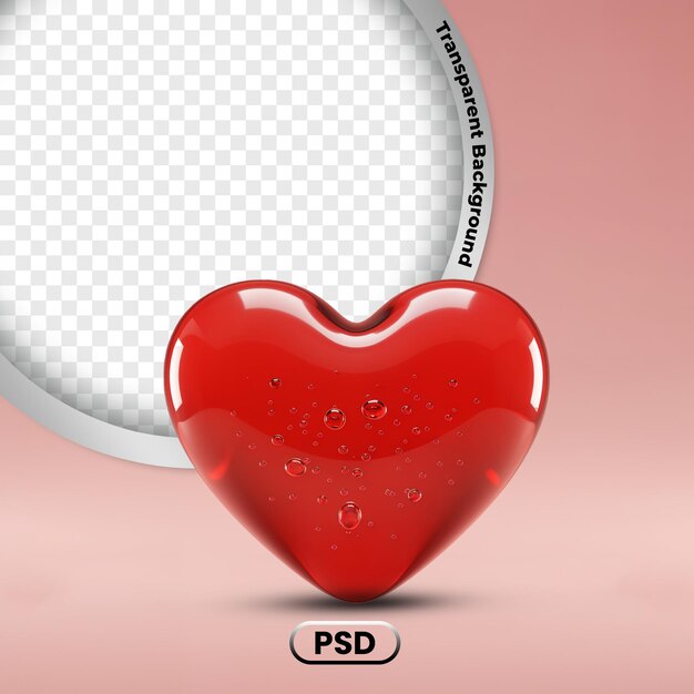 Glossy Red Heart with Water Droplets and Transparent Background