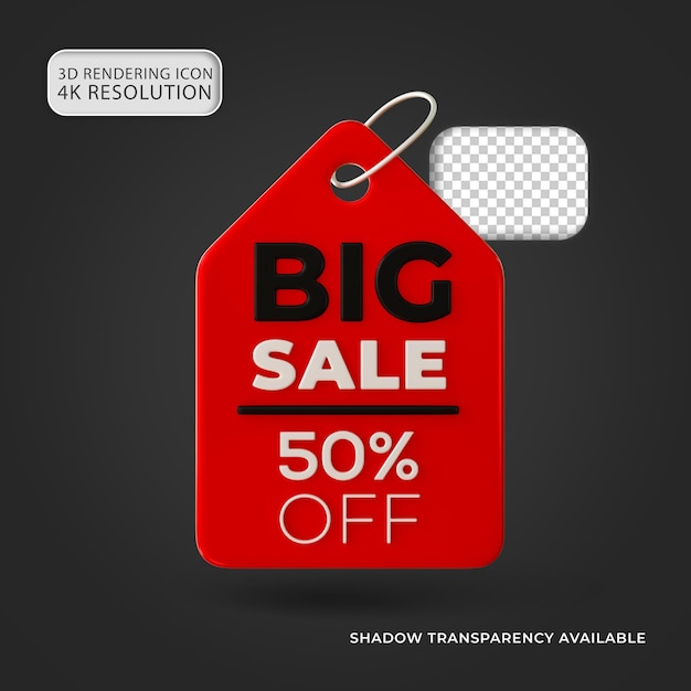 Glossy Red und Black Big Sale Tag 50 Prozent Rabatt Isolierte 3D-Icon Illustration für die Komposition