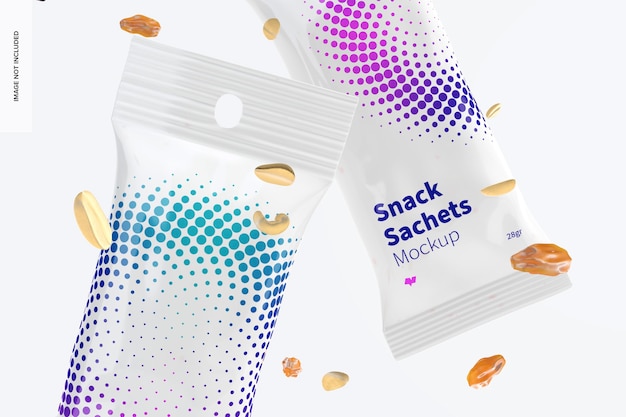 Glossy snack sachets mockup, nahaufnahme