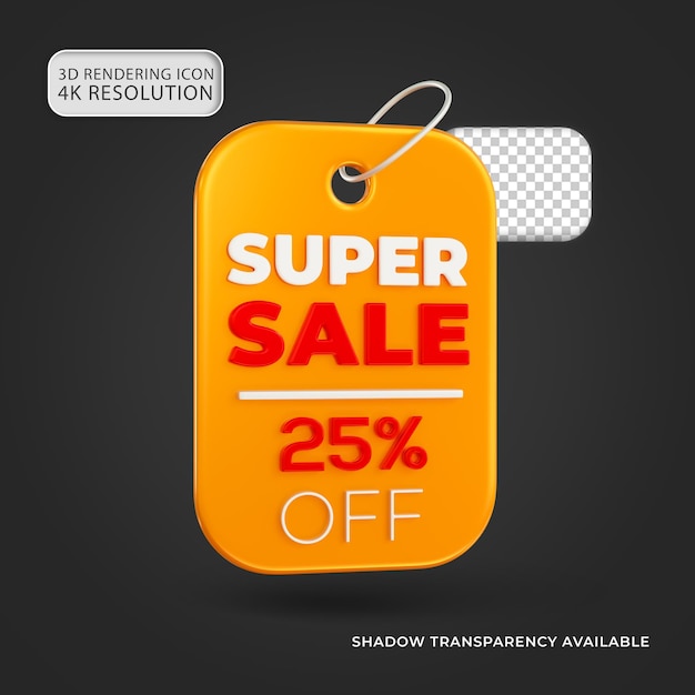 Glossy yellow super sale tag 25 por ciento de descuento icono 3d aislado ilustración para la composición