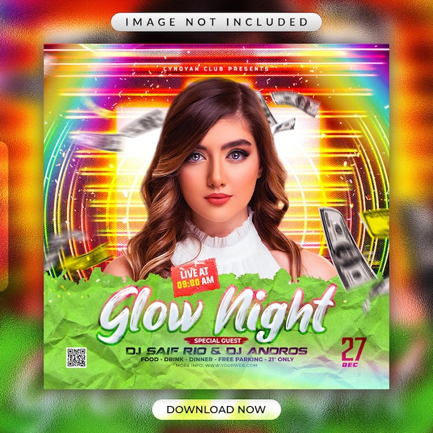 PSD glow night party flyer ou modèle de bannière promotionnelle sur les médias sociaux