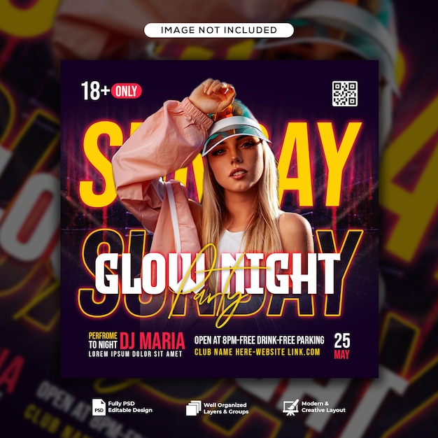 Glow night sunday dj party banner de redes sociales