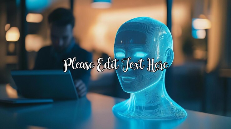 PSD glowing ai head on desk man works on laptop in background