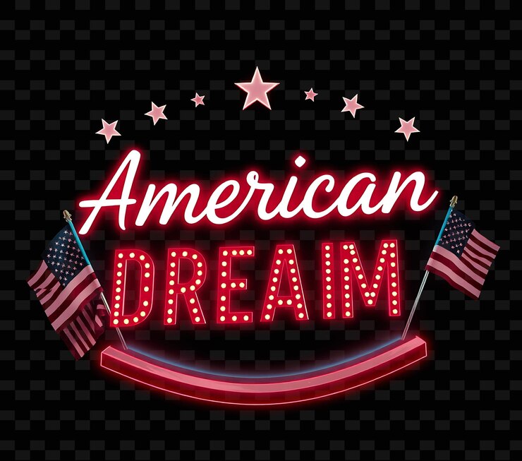 PSD glowing american dream text pulses con neón vibrante carmesí y rojo puro rodeado por el icónico ameri