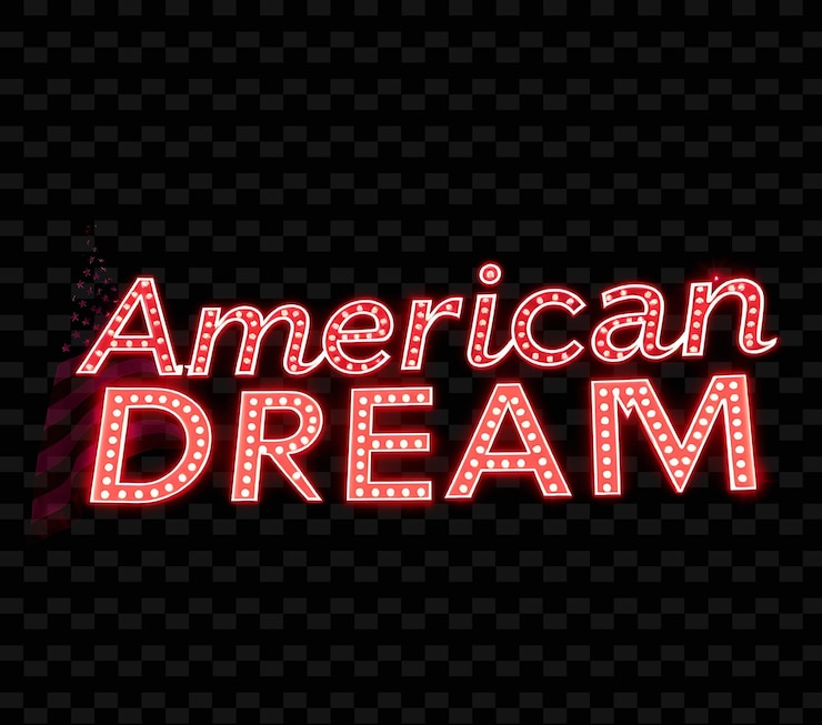 PSD glowing american dream text pulses con neón vibrante carmesí y rojo puro rodeado por el icónico ameri