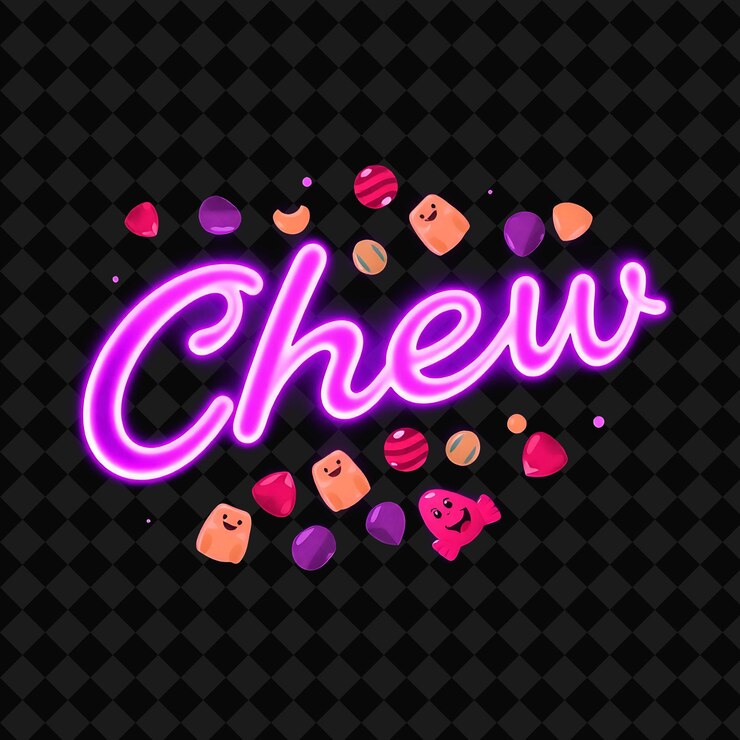 PSD glowing chew text en púrpura de neón adornado con caramelos masticables y decoración de alimentos de neón inspirada en g png