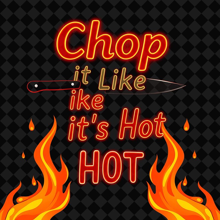 PSD glowing chop it like its hot text flickers en rojo audaz y naranja decoración de alimentos de neón inspirada en png