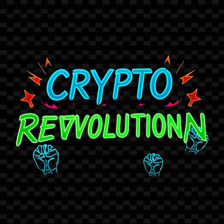PSD glowing crypto revolution pulsaciones de texto con cal de neón y azul intenso luminantes señales de protesta y dyn