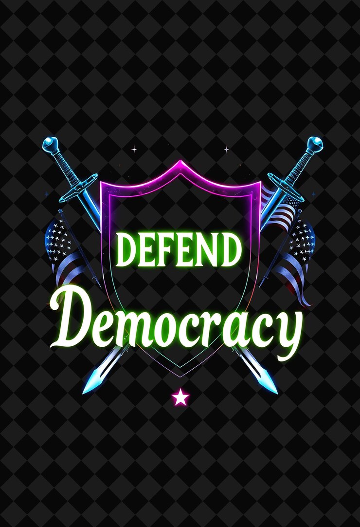 PSD glowing defend democracy pulsaciones de texto con cal de neón y escudo y espada d brillantes y azules intensos