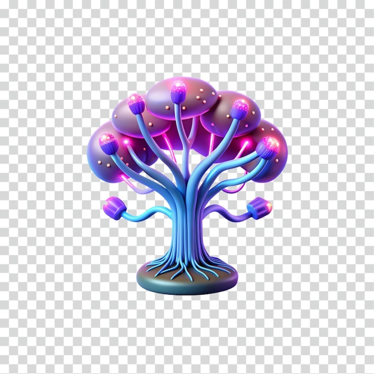 PSD glowing fantasy tree neon purple blue 3d render magical surreal illuminated otherworldly (árvore de fantasia brilhante neon púrpura azul 3d)