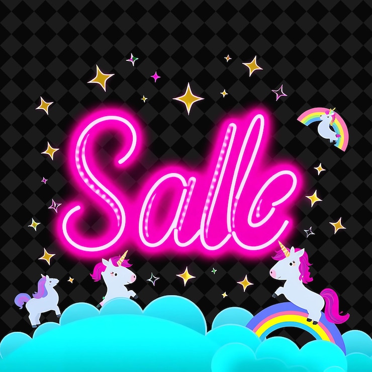 PSD glowing led sale texto brillantes con neón rosado vibrante y magenta rodeado de estrellas brillantes lindo