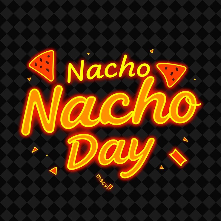 PSD glowing nacho mediano día texto en neon amarillo y naranja cálido con png inspirado decor de alimentos de neon