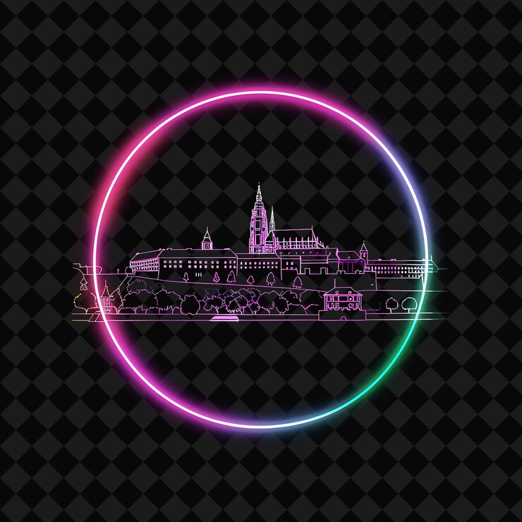 PSD glowing neon bratislava skyline dentro de um círculo de silhueta l png y2k monoline cityscape collage art