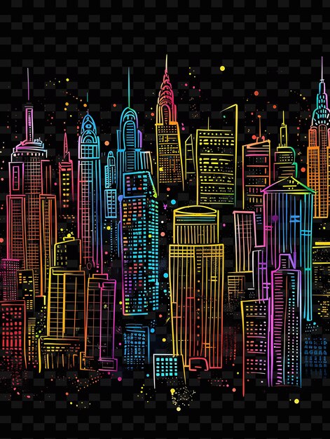 Glowing neon cityscape silhouettes sobreposição do horizonte da cidade y2k texture shape background decor art