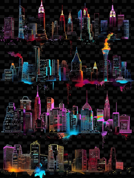 PSD glowing neon cityscape silhouettes sobreposição do horizonte da cidade y2k texture shape background decor art