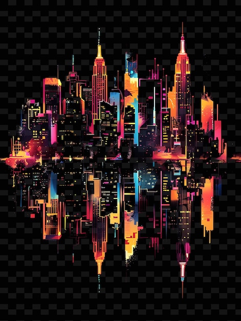 Glowing neon cityscape silhouettes sobreposição do horizonte da cidade y2k texture shape background decor art