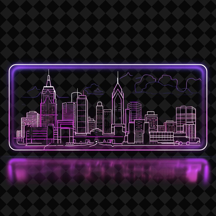 PSD glowing neon detroit panorama dentro de una silueta rectangular png y2k monoline cityscape colage art