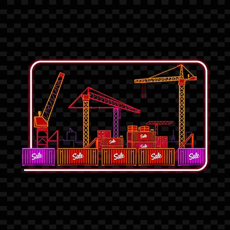 PSD glowing neon industrial yard in a silhouette rectangle with cranes outlined in neon and glowing con
