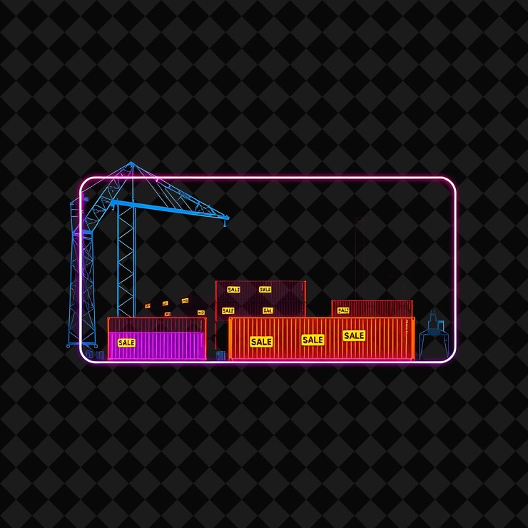 PSD glowing neon industrial yard in a silhouette rectangle with cranes outlined in neon and glowing con