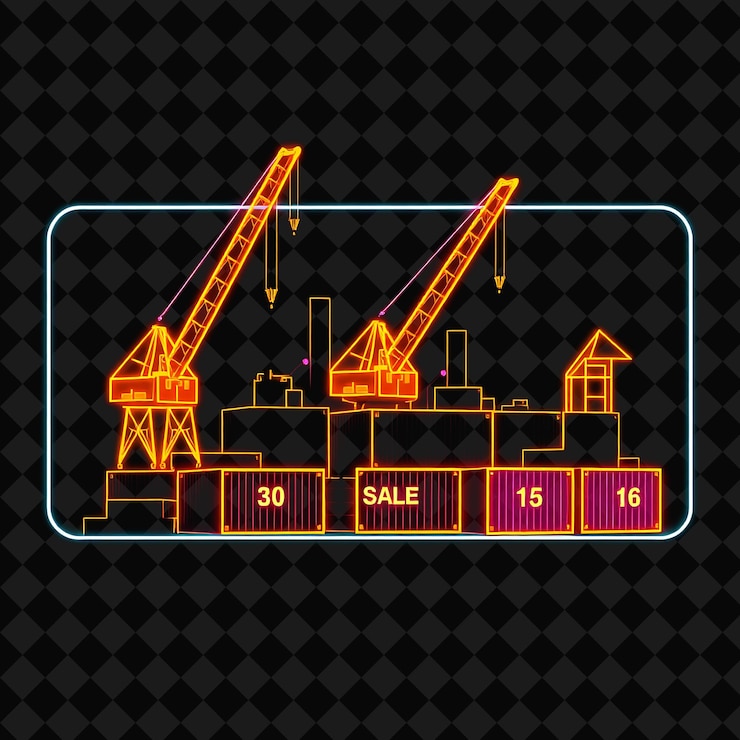 PSD glowing neon industrial yard in a silhouette rectangle with cranes outlined in neon and glowing con