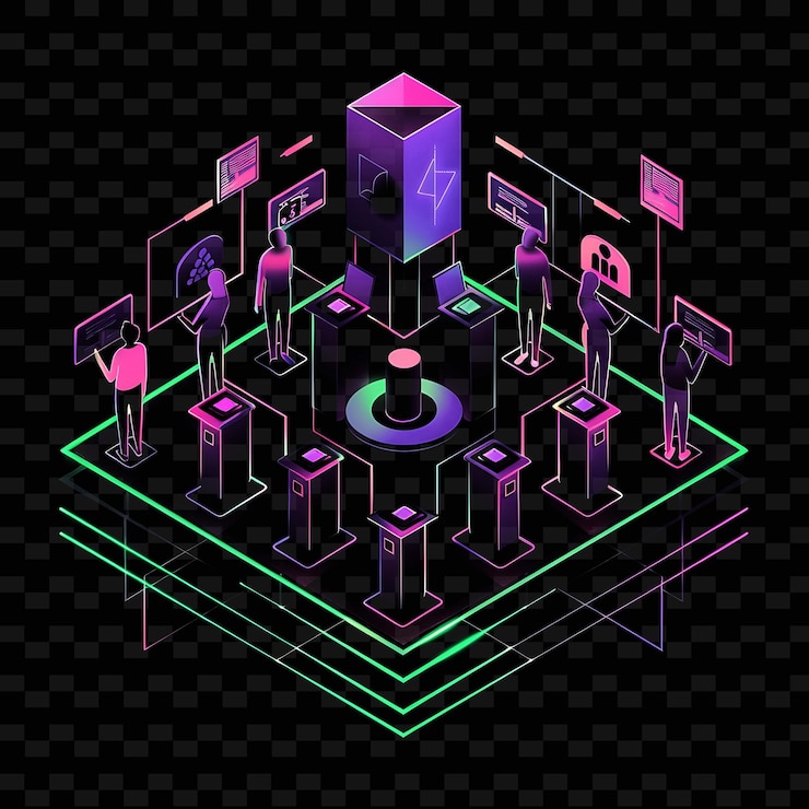 PSD glowing neon instant runoff voting with members and signs la neon line art landscape background