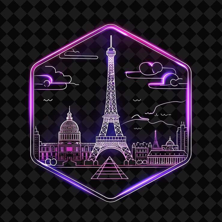 PSD glowing neon paris panorama within a silhouette hexagon land png y2k monoline cityscape collage art (panorama de parís de neón brillante dentro de una silueta de tierra hexagonal)