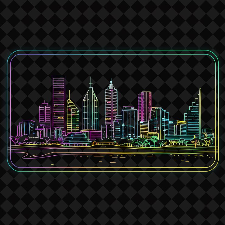 PSD glowing neon perth panorama dentro de una silueta rectangular png y2k monoline cityscape colage art