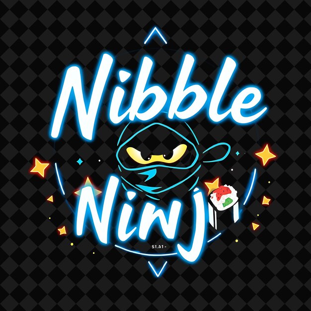 Glowing Nibble Ninja Texto en azul neón y blanco fresco con Ninja PNG inspirado en la decoración de alimentos de neón