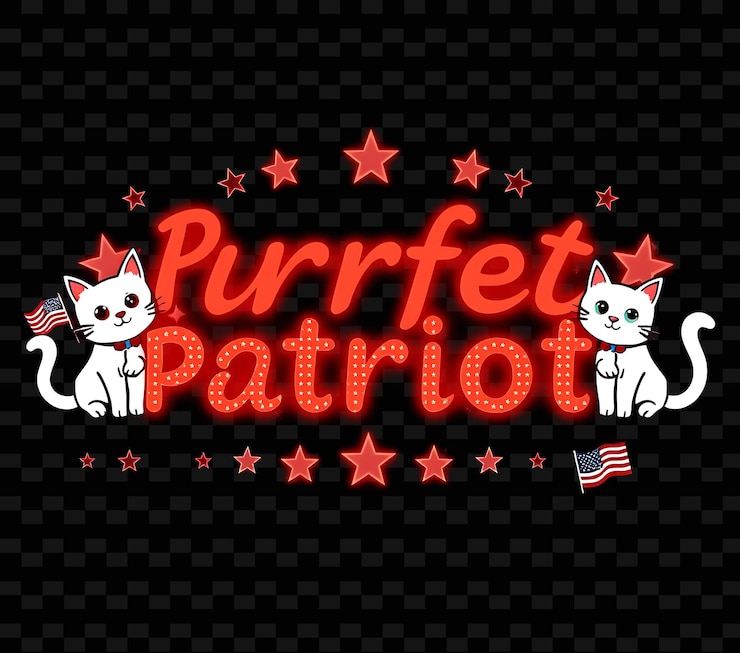 PSD glowing purrfect patriot text pulses con neón vibrante carmesí y rojo puro rodeado por el lindo gato m