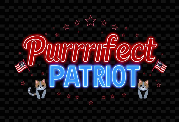 PSD glowing purrfect patriot text pulses con neón vibrante carmesí y rojo puro rodeado por el lindo gato m