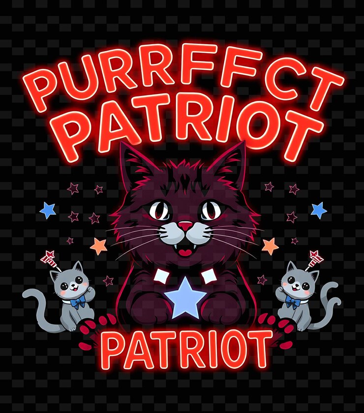 PSD glowing purrfect patriot text pulses con neón vibrante carmesí y rojo puro rodeado por el lindo gato m